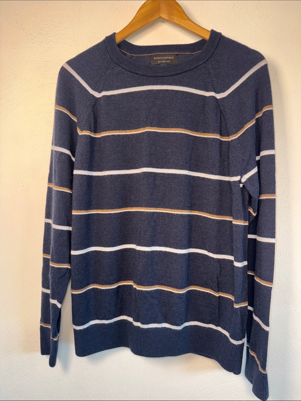 Banana Republic Navy Crewneck Sweater with White and Tan Stripes